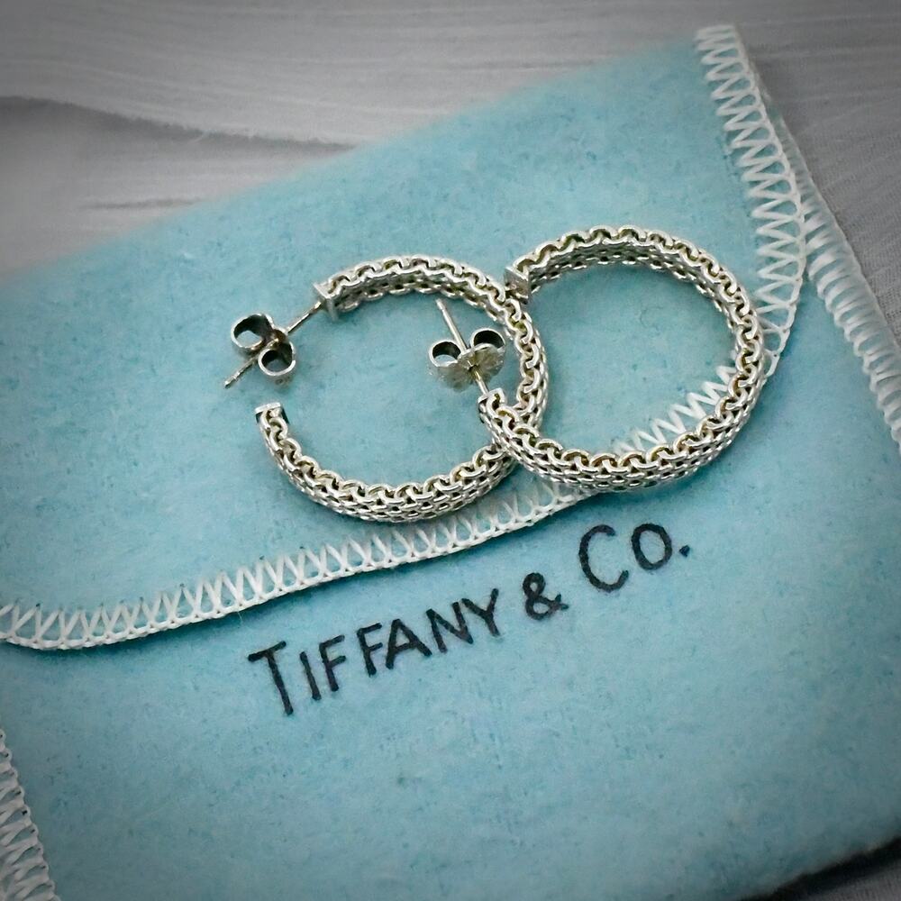 Tiffany & Co 925 Sterling Silver Somerset Mesh Hoop Earrings With Pouch